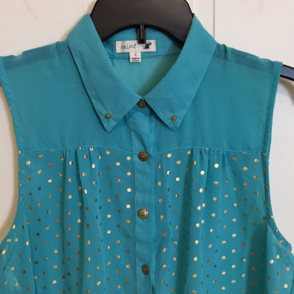 Beautiful Sleeveless Blouse Top Green Gold Dots Collar M L - Picture 3 of 10